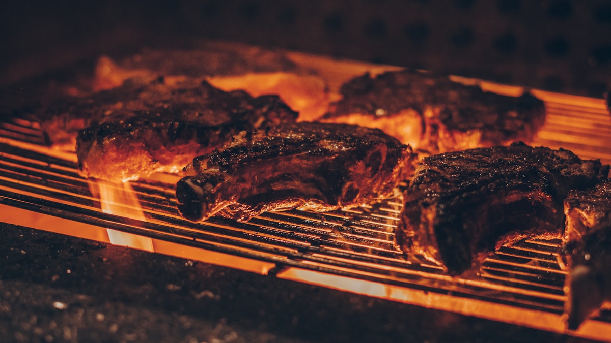 Fatias de picanha brasileira no espeto com a capa de gordura dourada e caramelizada, foto ao ar livre com vegetação ao fundo
